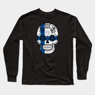 Finnish Flag Sugar Skull with Roses Long Sleeve T-Shirt